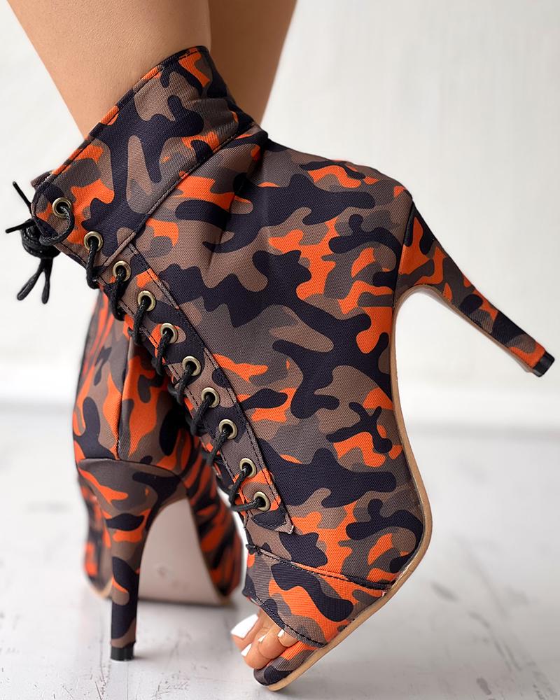 

Camouflage Print Lace-up Stiletto Heel Boots, Camoflage
