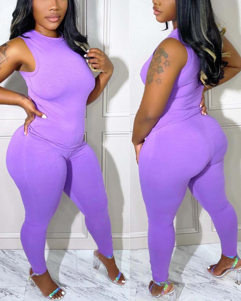 

Basic Tank Top & Skinny Pants Set, Purple