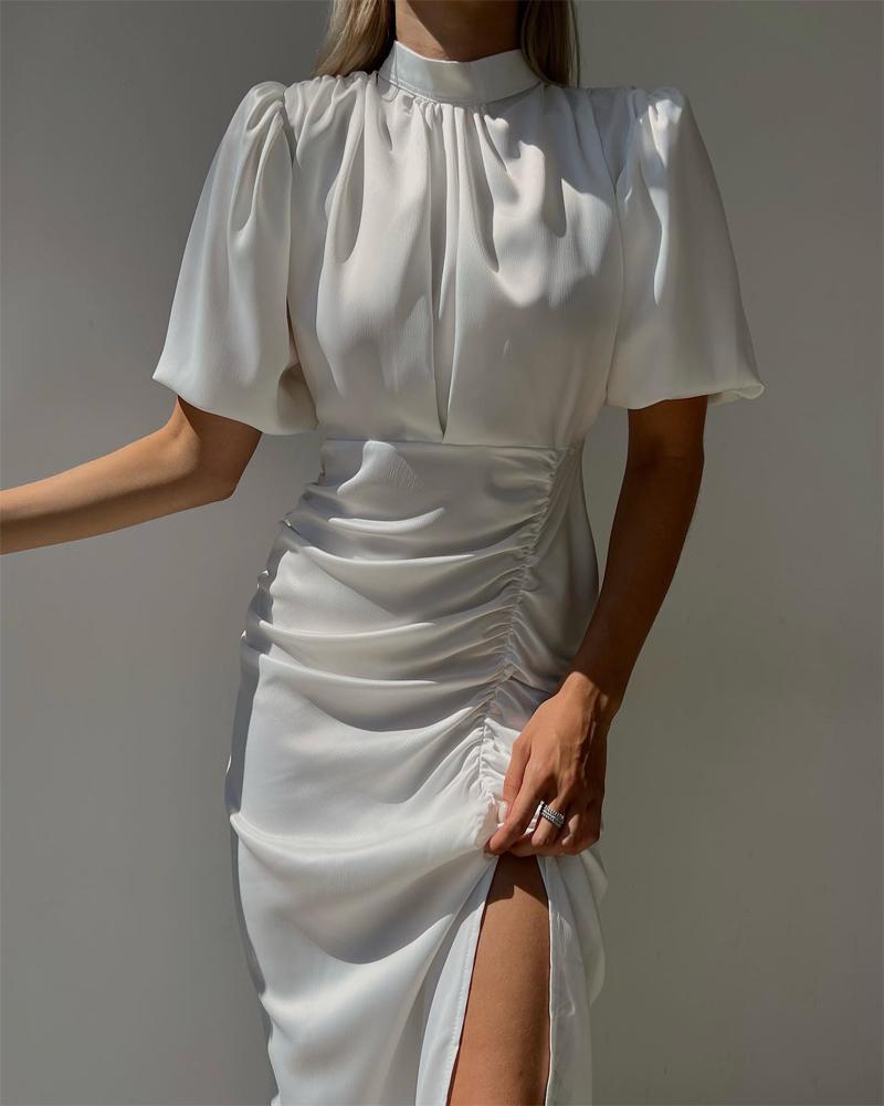 

Puff Sleeve Ruched High Slit Dress, White