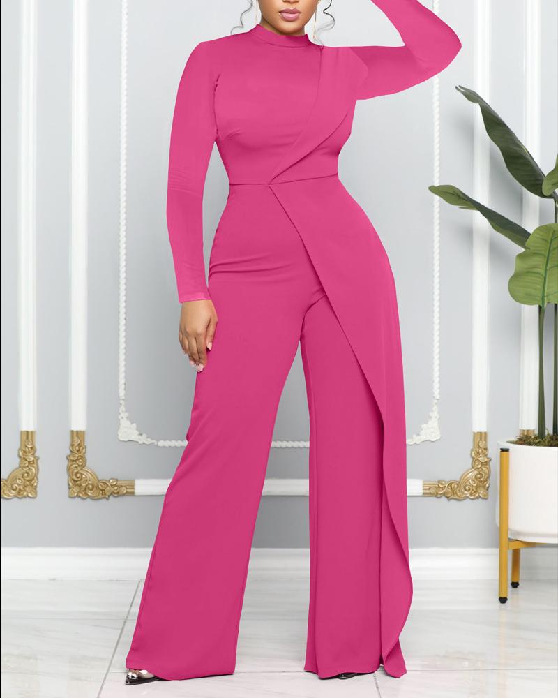 

Plain Long Sleeve Patchwork Jumpsuit, Hot pink