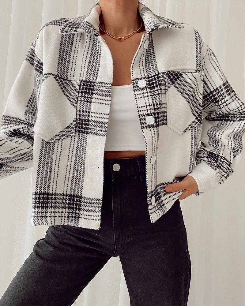 

Plaid Print Button Pocket Design Coat, White