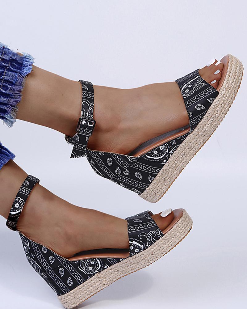 

Round-toe Paisley Print Splicing Buckle Wedge Sandals, Black