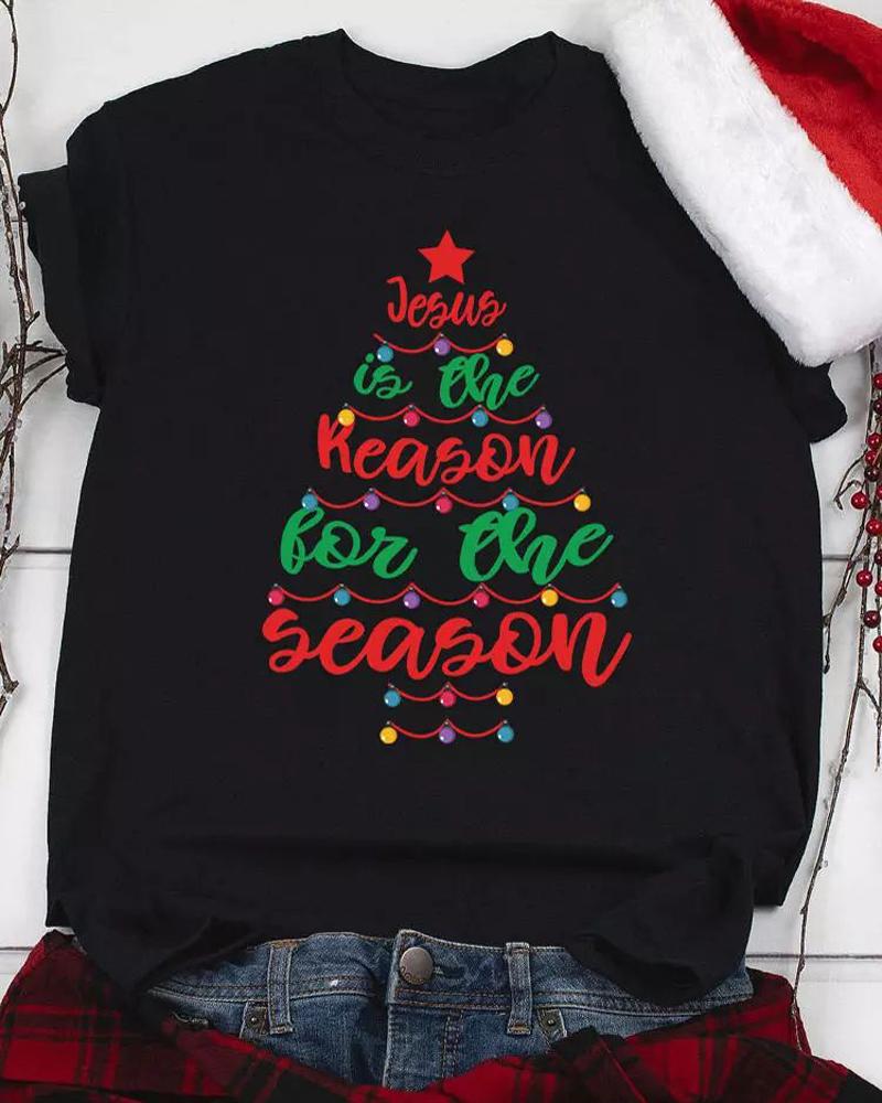 

Christmas Tree Letter Print Casual T-shirt, Black