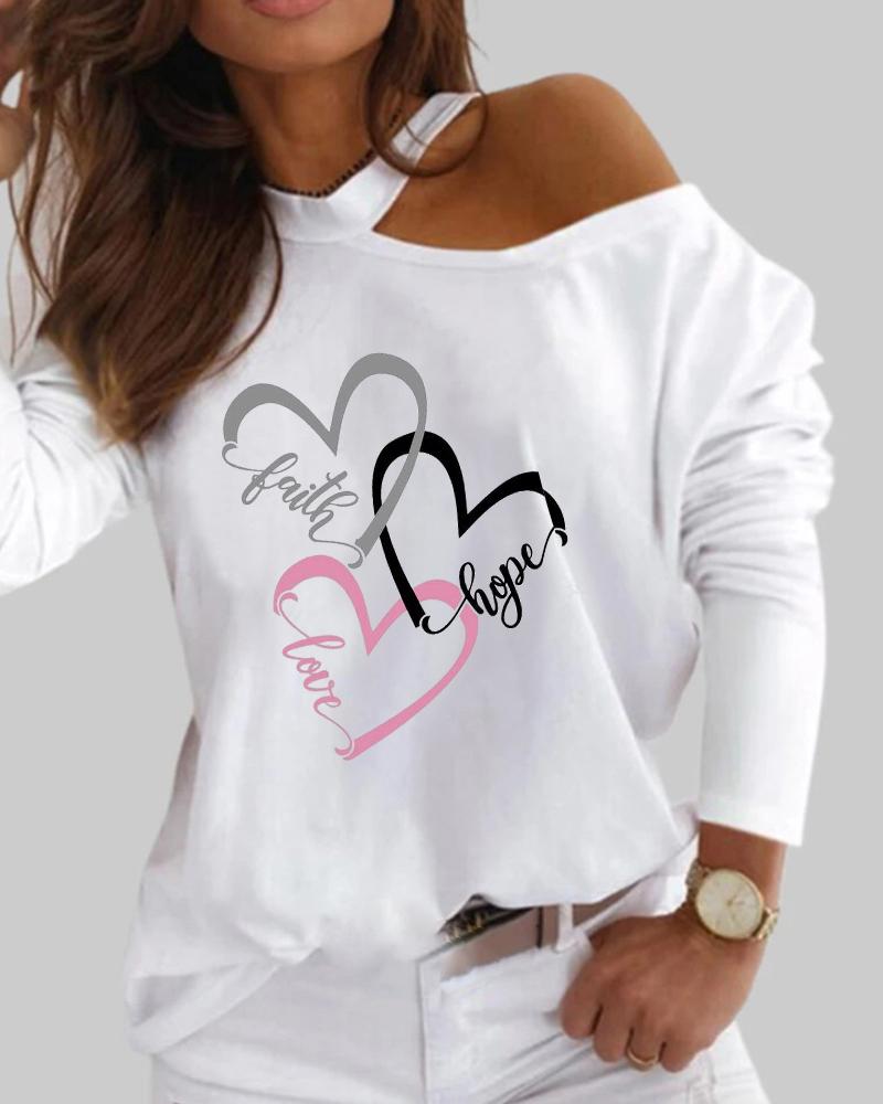 

One Shoulder Heart Letter Print Top, White