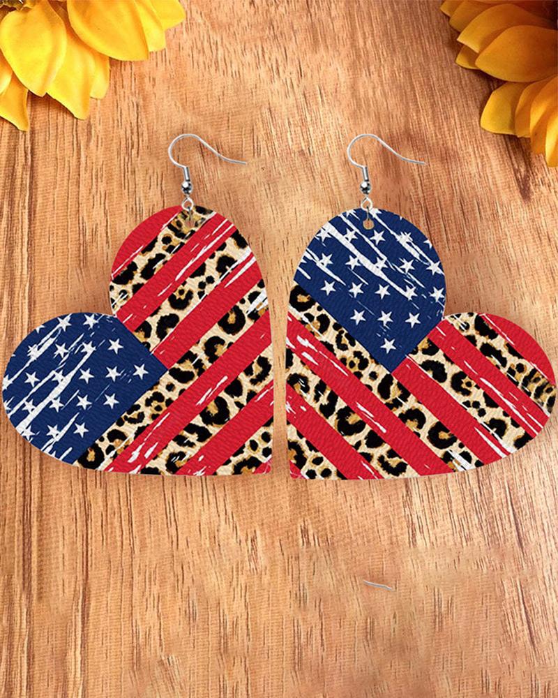 

1Pair Independence Day Leopard USA Flag Heart Graphic Hook Earrings, Style2
