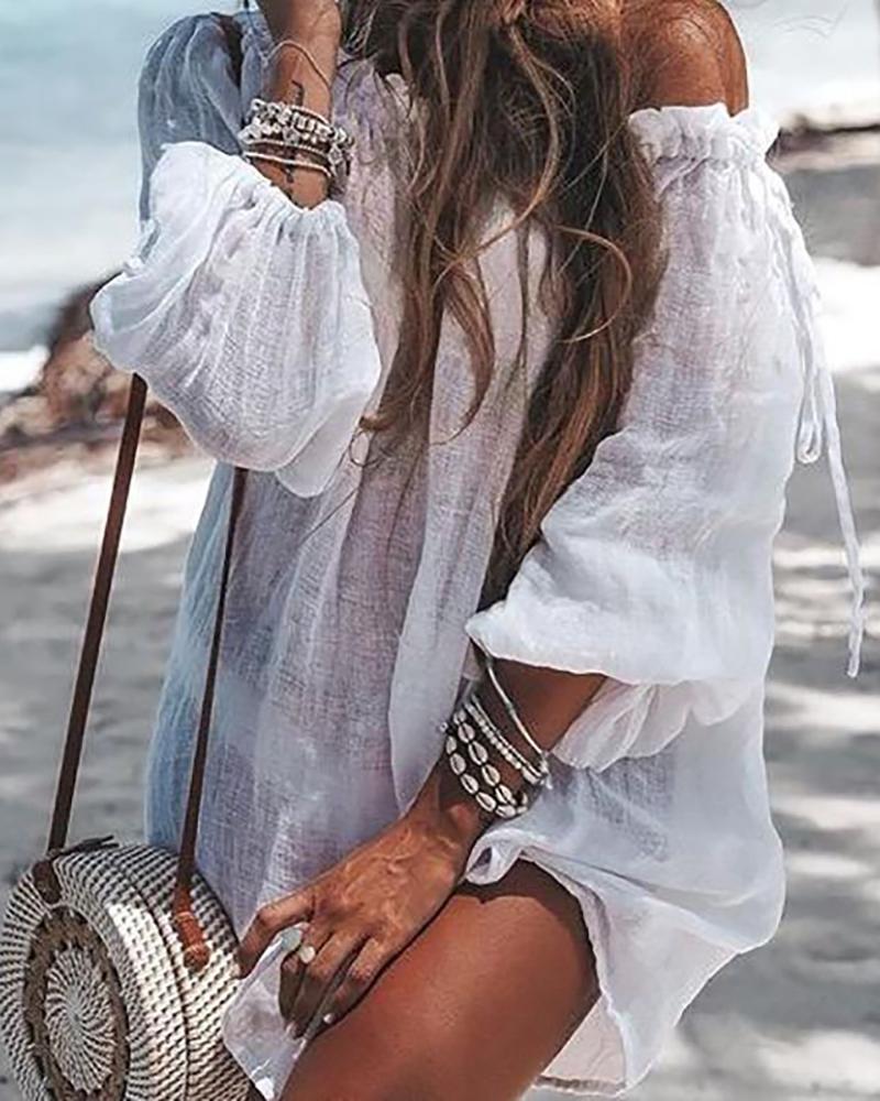 

Off Shoulder Drawstring Lantern Sleeve Cover Up Blouse, White