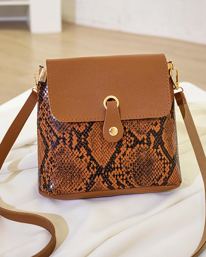 

Snakeskin Square Bucket Shoulder Bag, Coffee