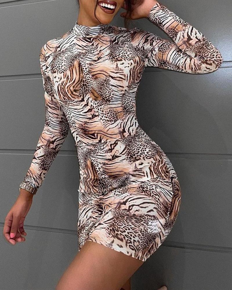 

Leopard Tiger Print Long Sleeve Bodycon Dress, Brown