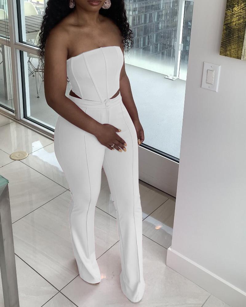 

Zipper Back Crop Tube Top & Straight Leg Pants Set, White