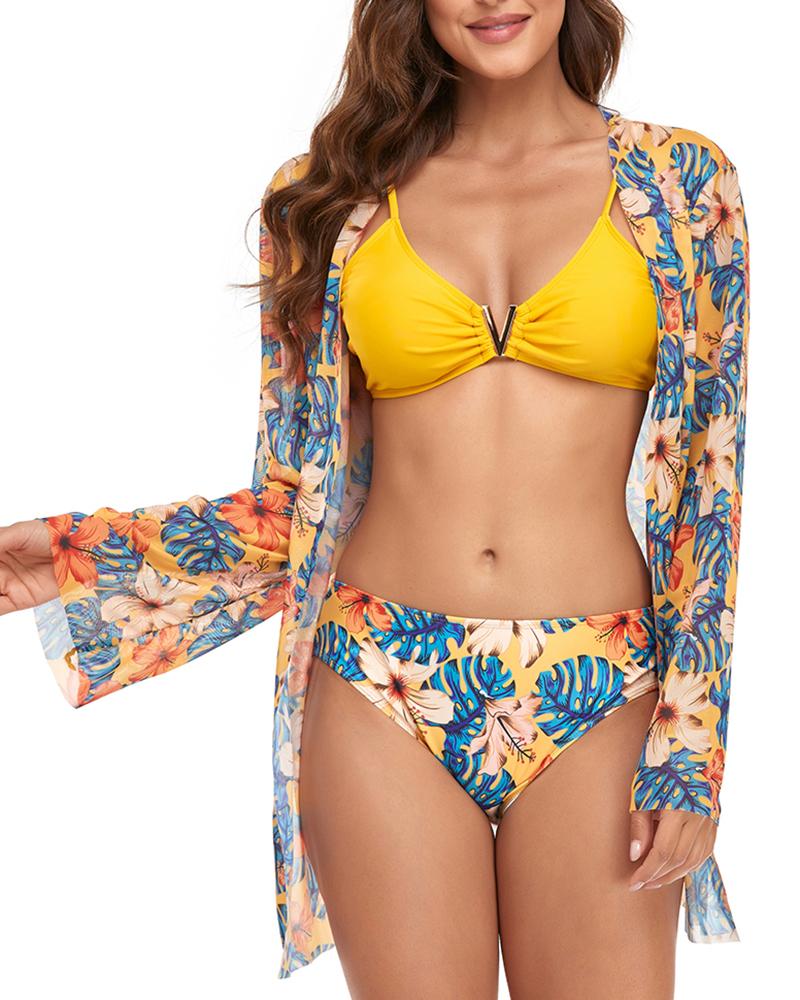 

3PCS Floral Print V Pattern Decor Bikini Set With Cover Up, Yellow
