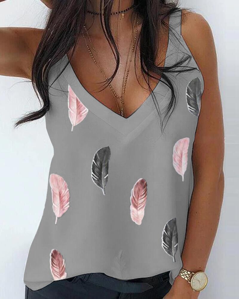 

Feather Print V-Neck Casual Tank Top, Gray