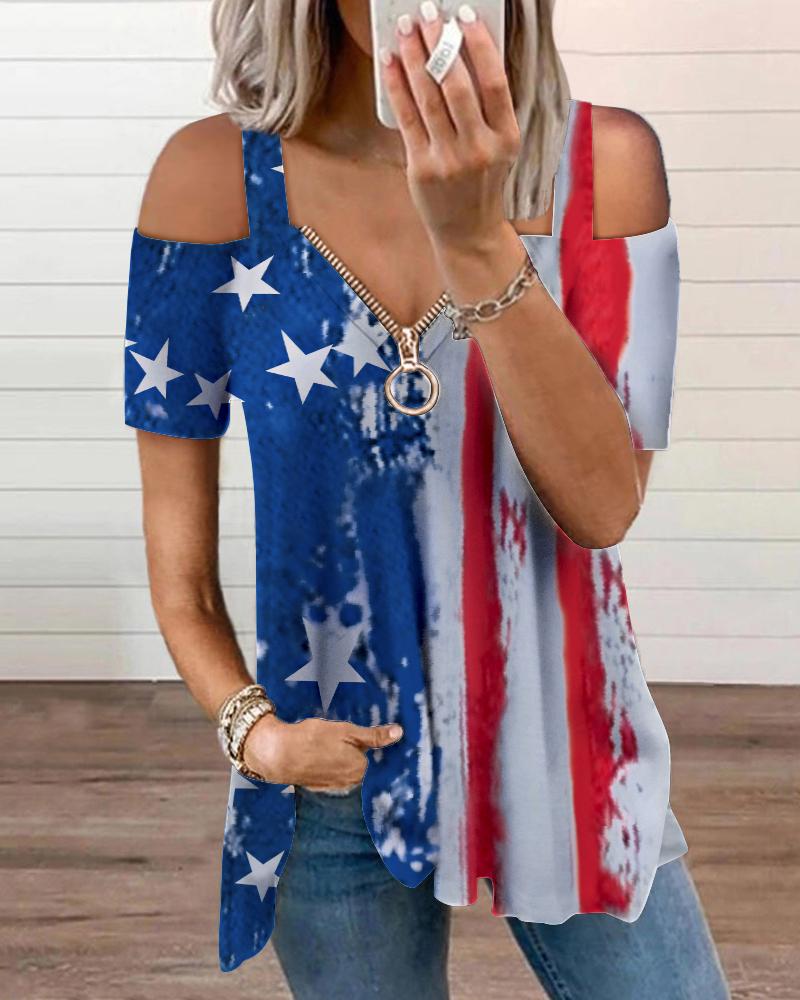 

Cold Shoulder Cutout Sleeve Zip Front Flag Print Top, Multicolor