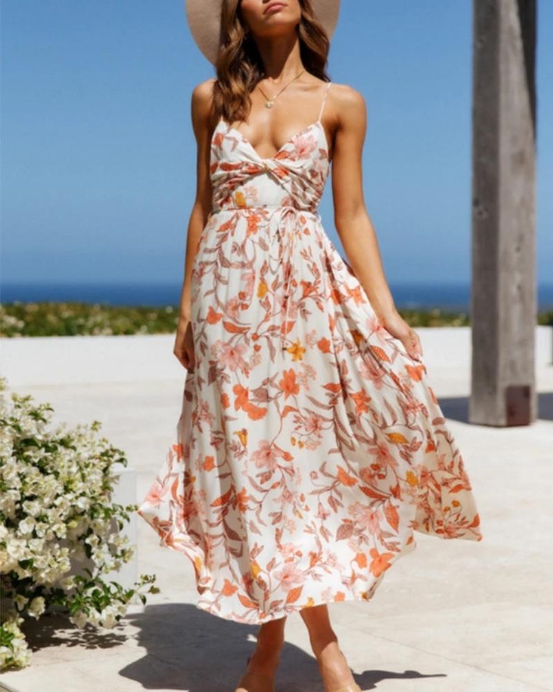 

Floral Print Skinny Waist Backless Sling Maxi Dress, White
