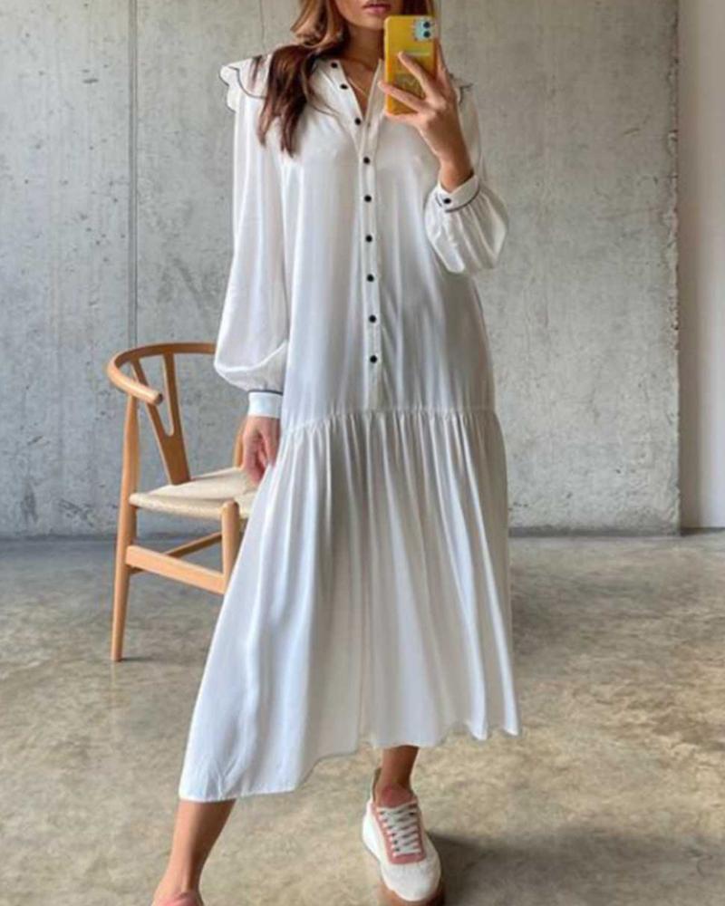 

Ruffles Button Front Lantern Sleeve Casual Dress, White
