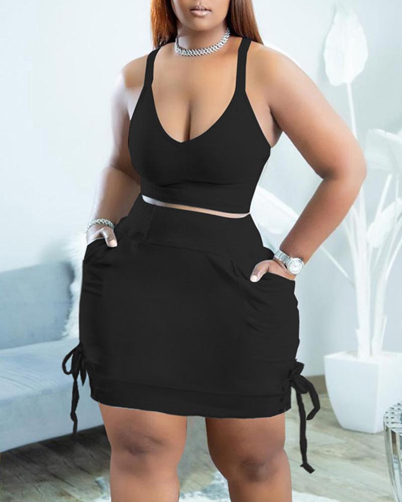 

Plus Size Crisscross Backless Crop Top & Lace-up Skirt Set, Black