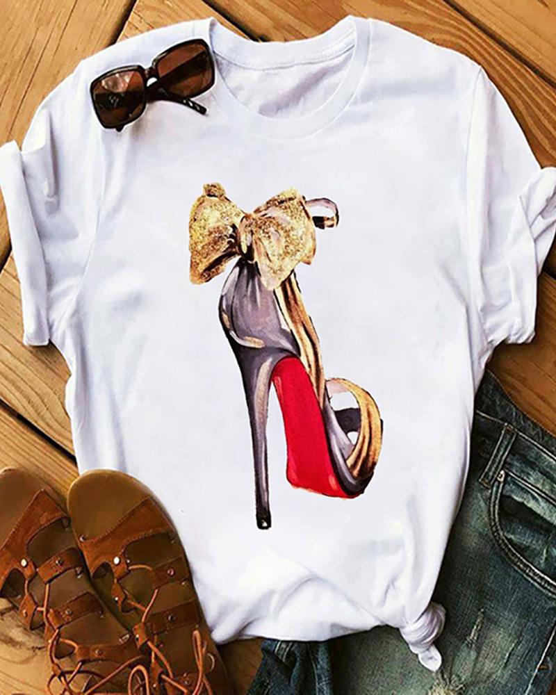 

Floral / Letter / Heels Print Short Sleeve Casual T-Shirt, Style3
