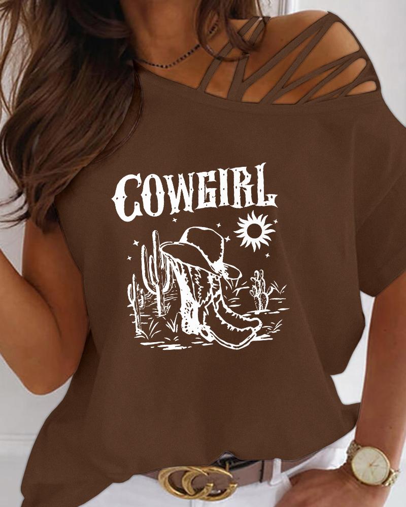

Cowgirl Cactus Print Cold Shoulder T-shirt Western Country Music Graphic Tee, Brown