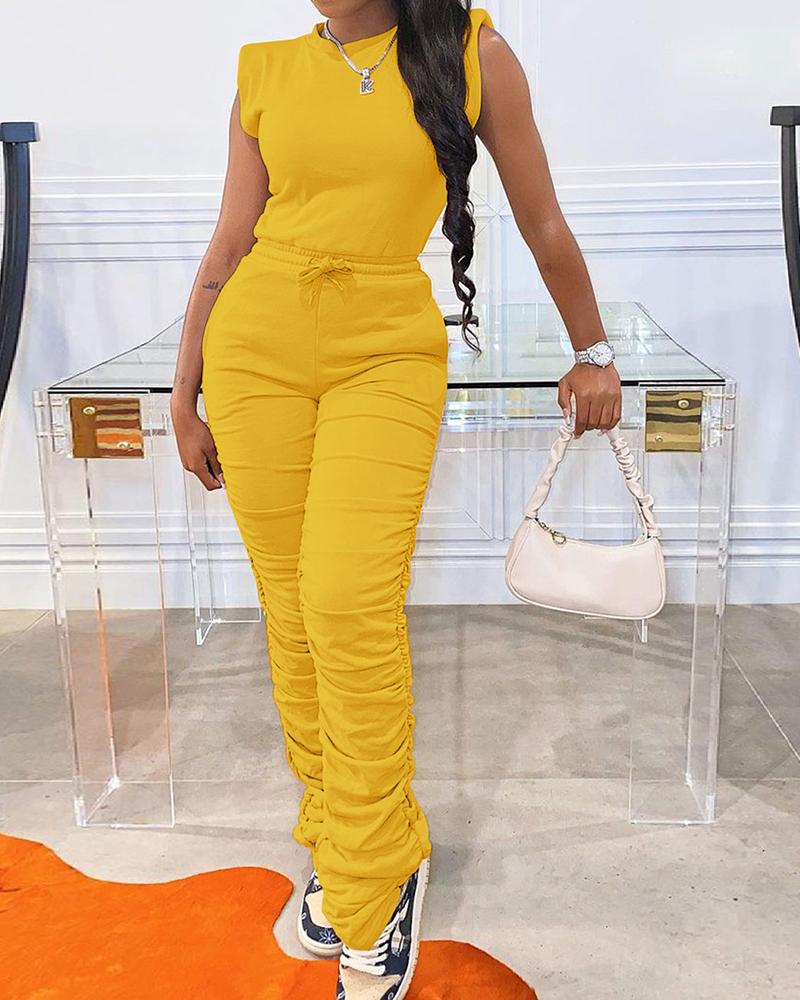 

Zipper Back Sleeveless Top & Drawstring Waist Stacked Pants, Yellow