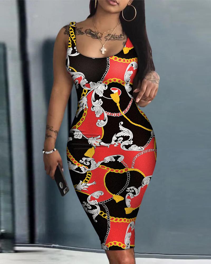

Scarf Chain Print Sleeveless Bodycon Dress, Multicolor