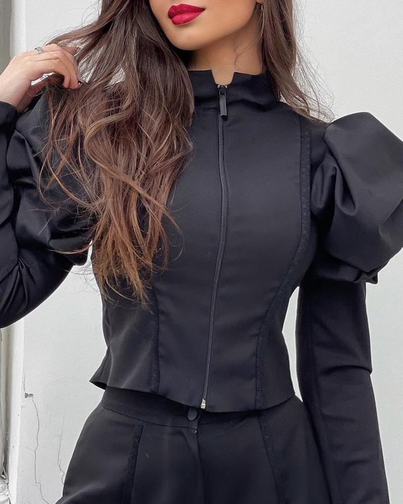 

Puff Sleeve Zipper Design Long Sleeve Top, Black