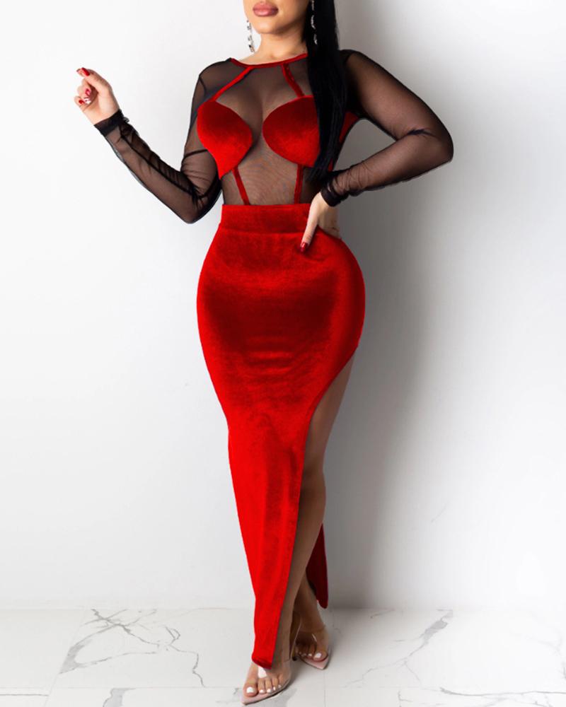

Sheer Mesh Insert Slit Velvet Dress, Red