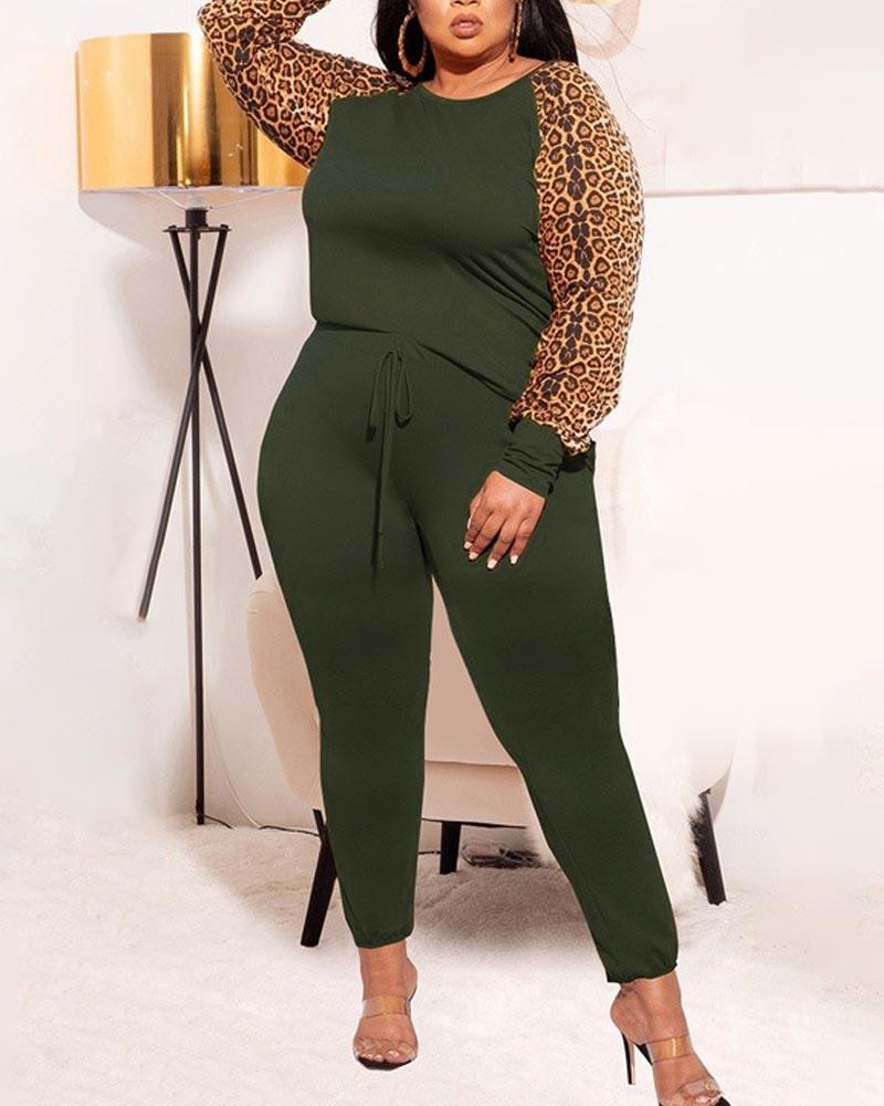 

Plus Size Contrast Leopard Long Sleeve Top & Pants Set, Green