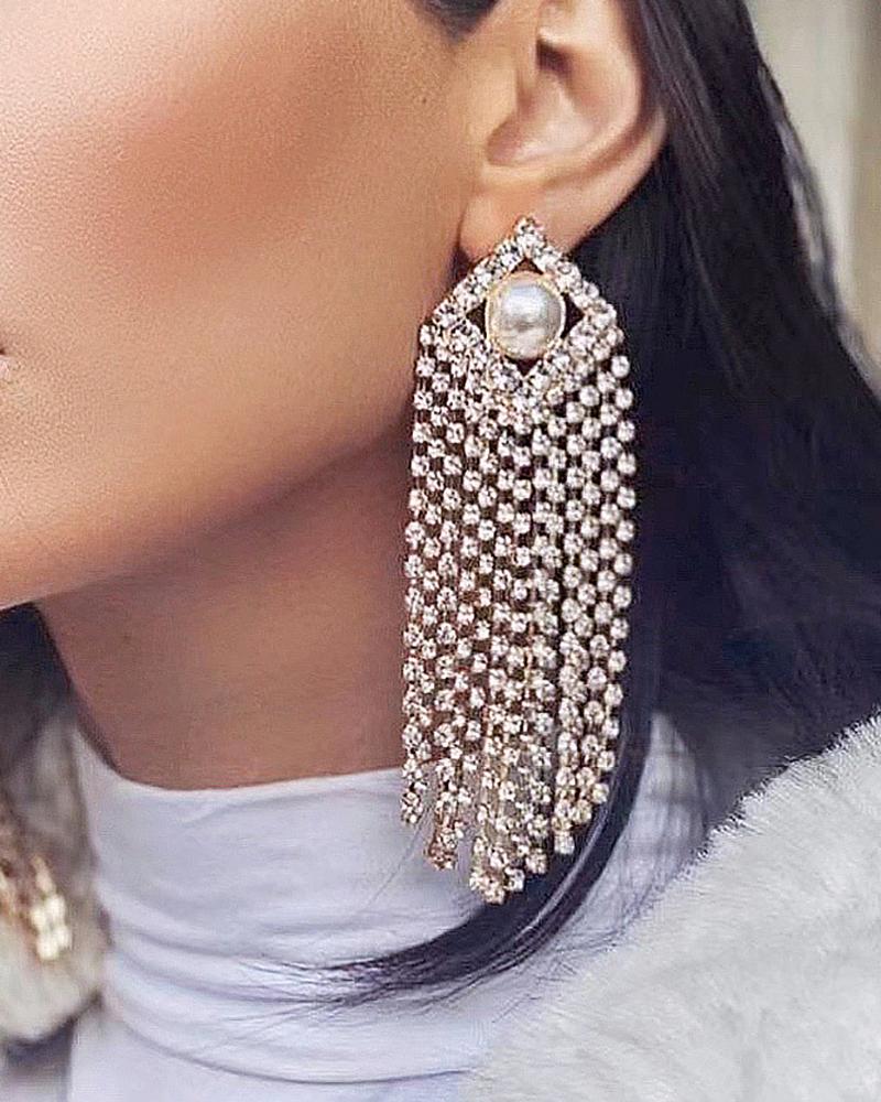 

Geometric Pearl Decor Rhinestone Tassel Drop Earrings, Silver