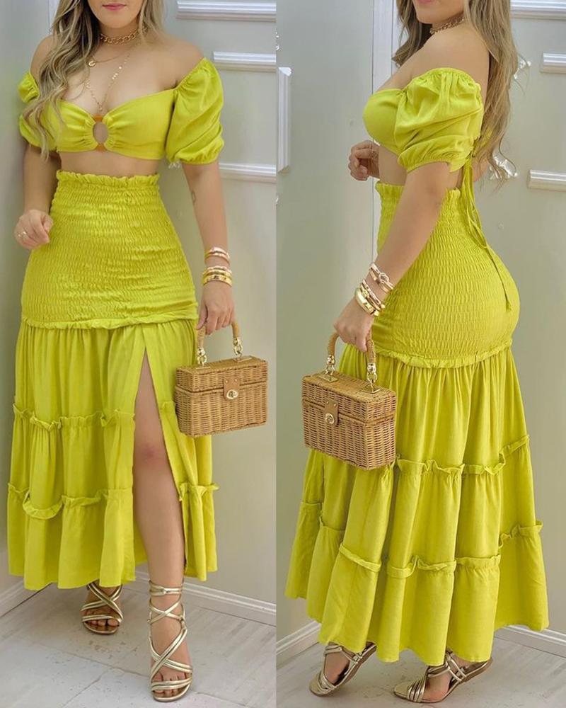 

O-Ring Crop Top & Frill Hem Shirred Slit Maxi Skirt Set, Yellow