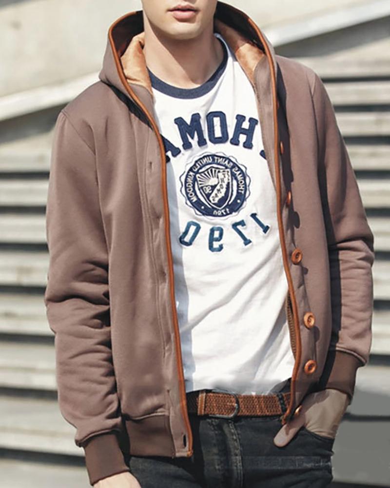 

Man Button Design Colorblock Hooded Top, Coffee