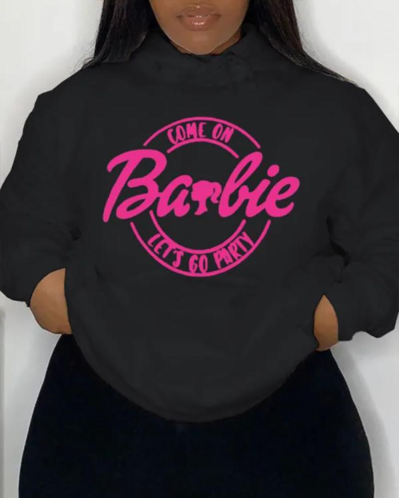 

Plus Size Come On Barbie Let's Go Party Print Drawstring Sweatshirt, Black