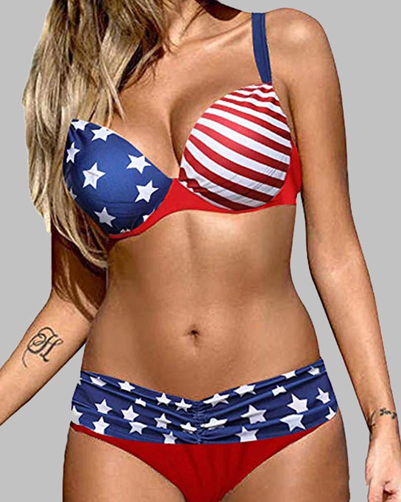 

Striped Star Print Bikini Swimsuit, Blue