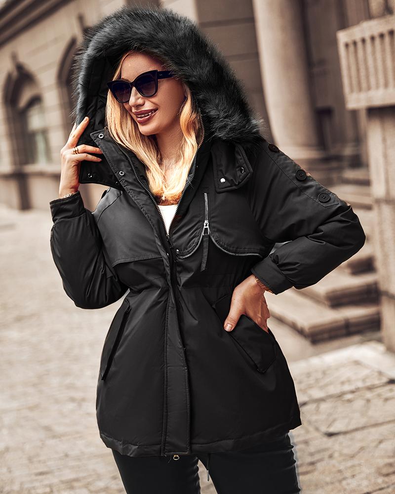 

Faux Fur Collar Zipper Pocket Design Parka Coat, Black