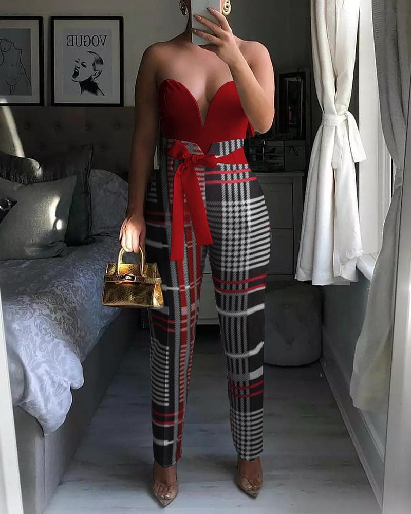 

Plunge Bandeau Plaid Print Jumpsuit With Belt, Multicolor