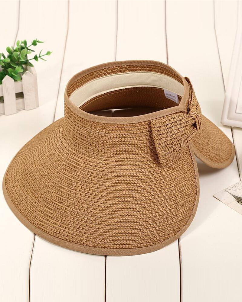 

Bowknot Design Wide Brim Sun Visor Straw Hat, Khaki