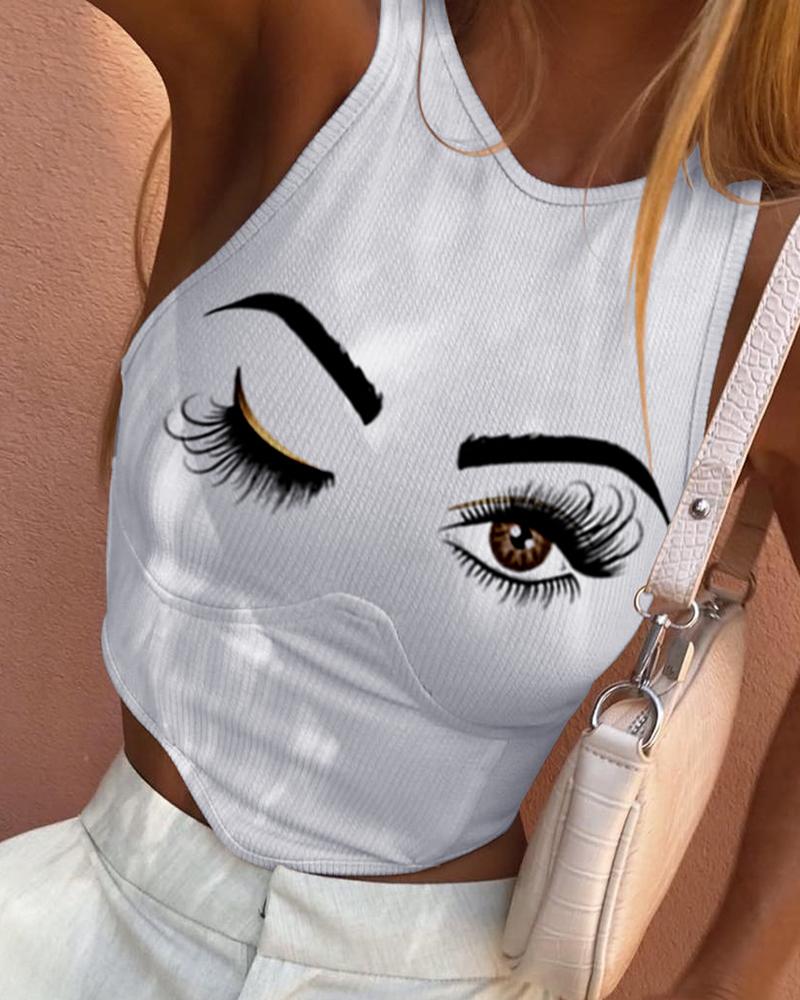 

O Neck Eye Print Sleeveless Top, White