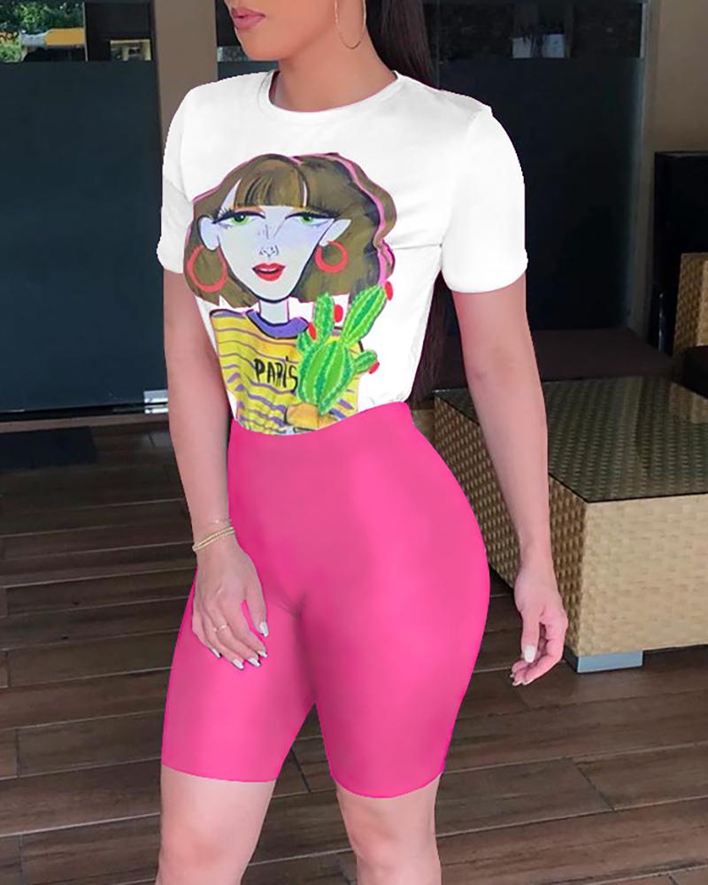 

Girl Print T Shirts & Shorts Set, Hot pink