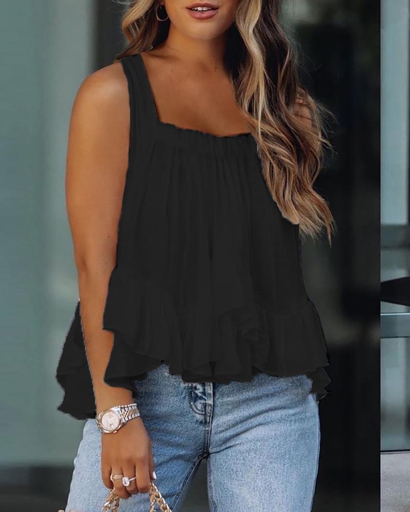 

Ruffle Hem Square Neck Sleeveless Top, Black