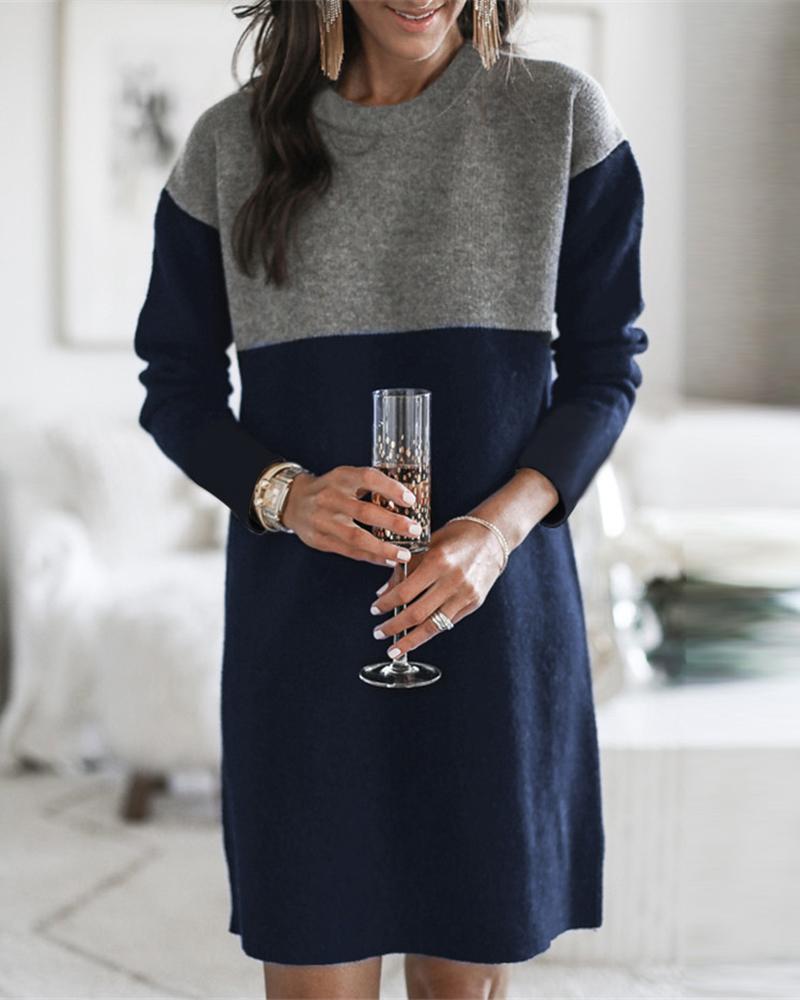 

Colorblock Long Sleeve Casual Midi Dress, Dark blue