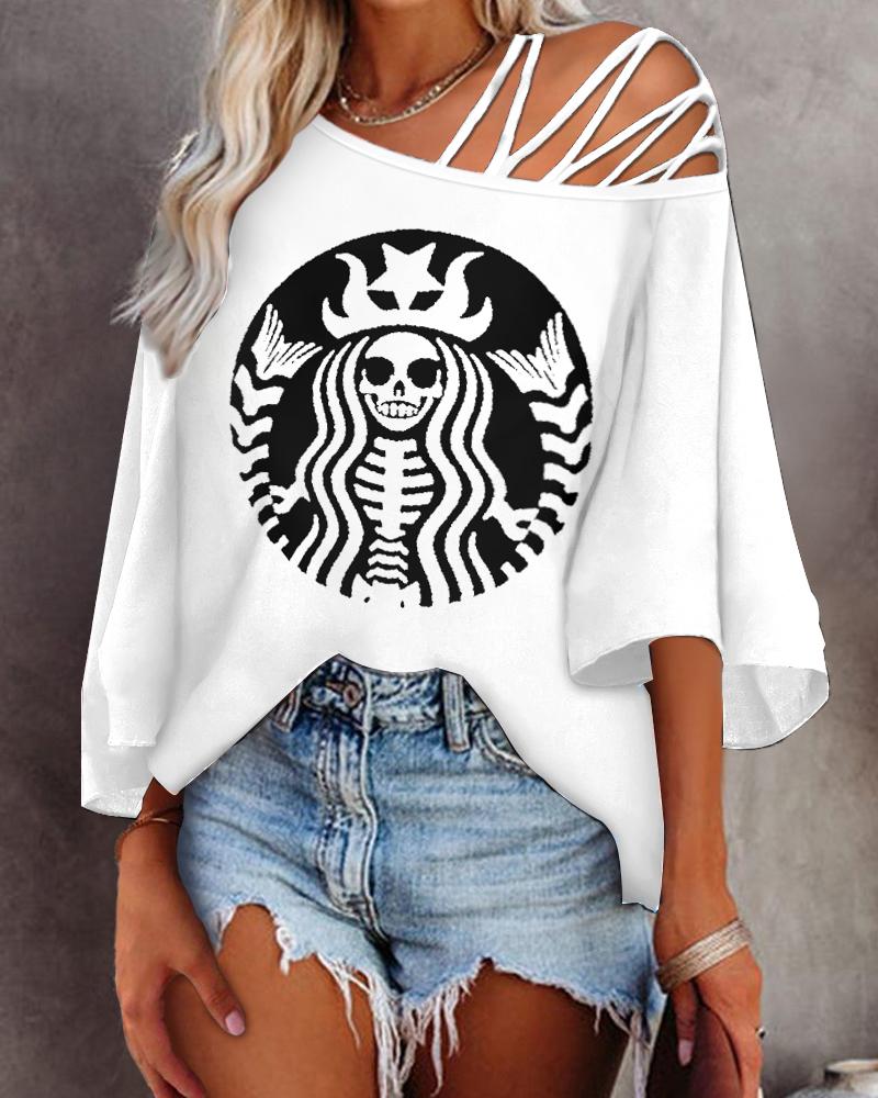 

Halloween Graphic Print Cold Shoulder Bell Sleeve Top, White