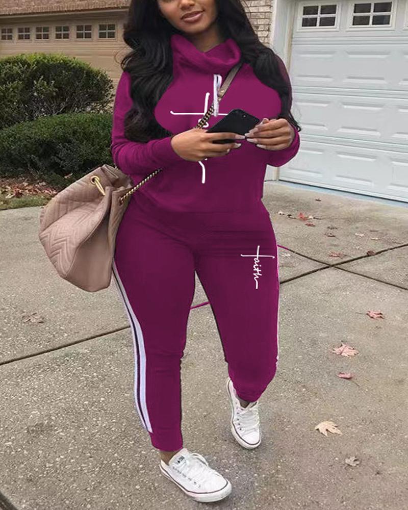 

Letter Print Long Sleeve Hoodie & Pants Set, Purple