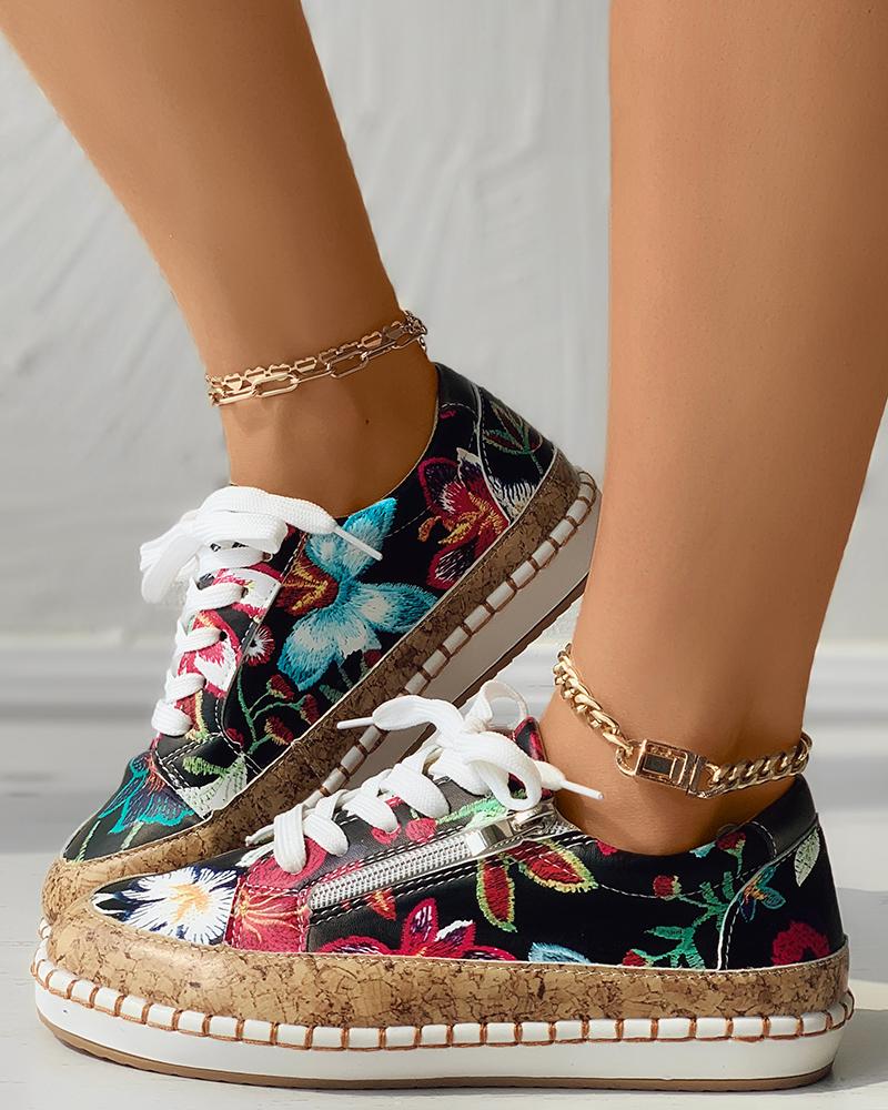 

Floral Pattern Zipper Lace-Up Front Sneakers, Black
