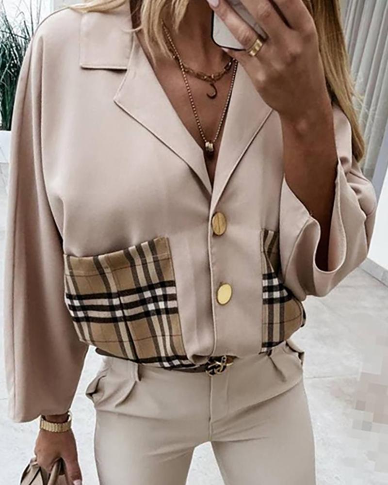 

Plaid Print Pocket Design Buttoned Top, Khaki