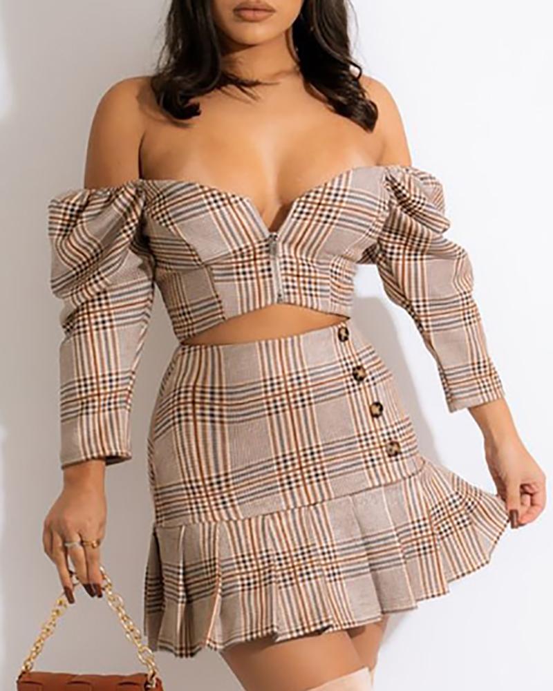 

Plaid Print Puff Sleeve Top & Ruched Skirt Set, Khaki