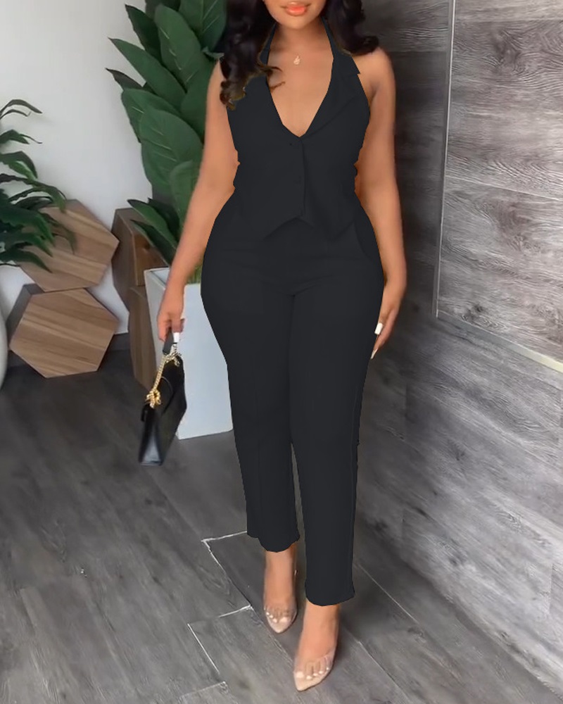 

Halter Sleeveless Vest Blazer Top & High Waist Pants Set, Black