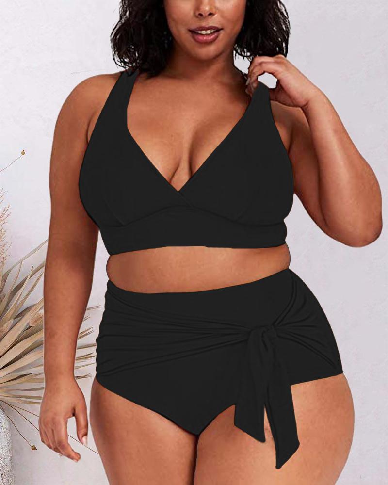 

Plus Size Tied Detail High Waist Bikini Set, Black