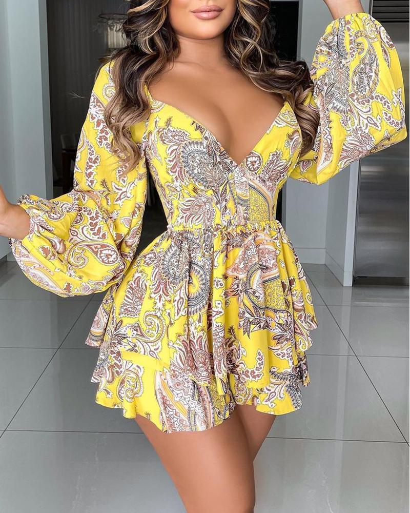 

Lantern Sleeve Layered Ruffles Paisley Print Dress, Yellow