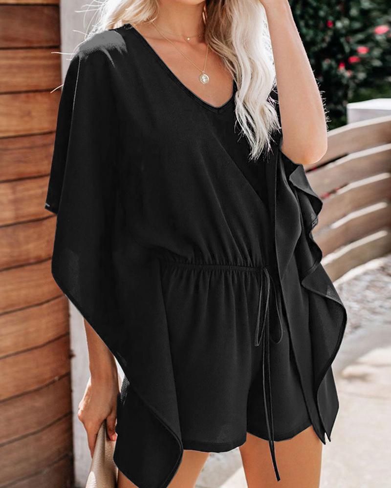 

Ruffles Hem Drawstring Casual Romper, Black