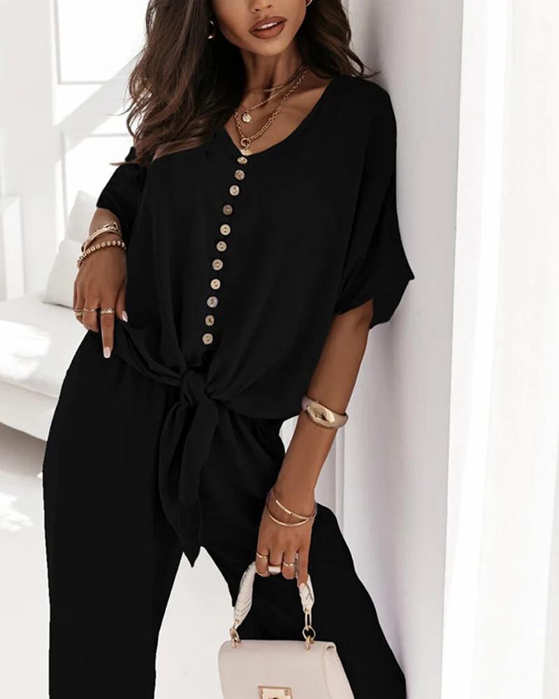 

Buttoned Knotted V-Neck Top & Wide Leg Pants Set, Black