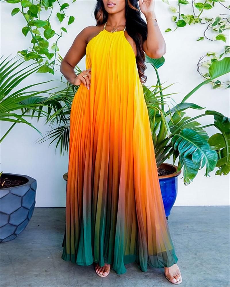 

Ombre Halter Backless Pleated Swing Dress, Yellow