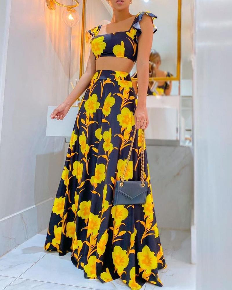 

Floral Print Ruffle Sleeve Crop Top & Maxi Skirt Dress, Yellow